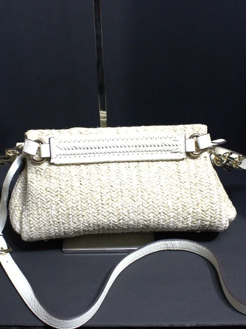 Aimee Kestenberg Raffia Biege Crossbody with Leather, Gold Hardware